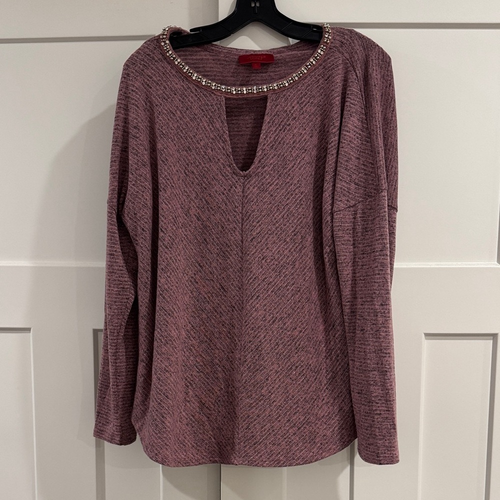 Jennifer Lopez Long-Sleeve Mauve Purple Sweater with Rhinestone Neckline, XL